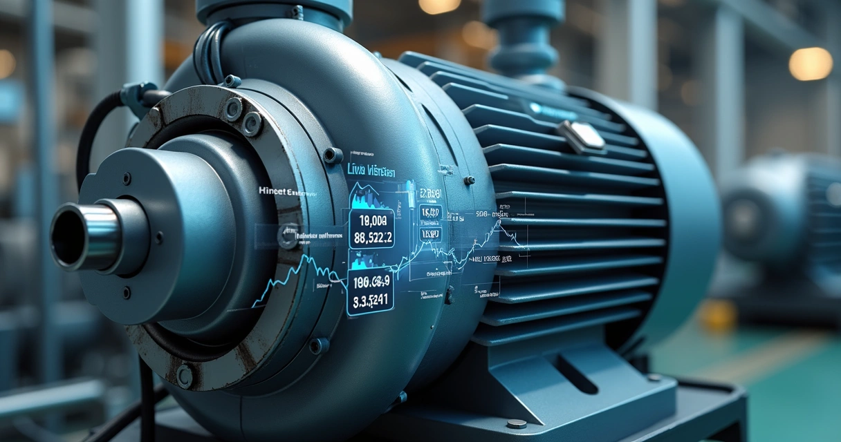 Sensor monitorando motor industrial com dados de vibração 