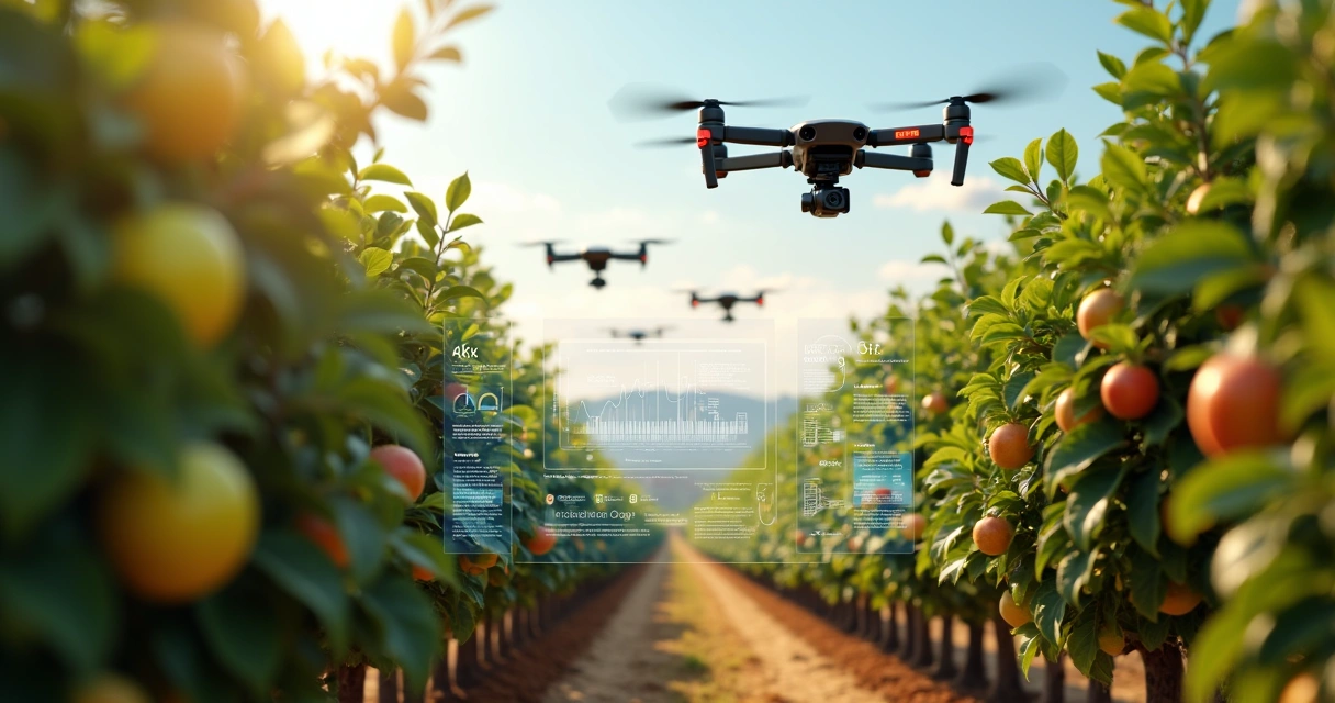 Drones e sensores monitorando uma plantação de frutas com análise de dados em tempo real 