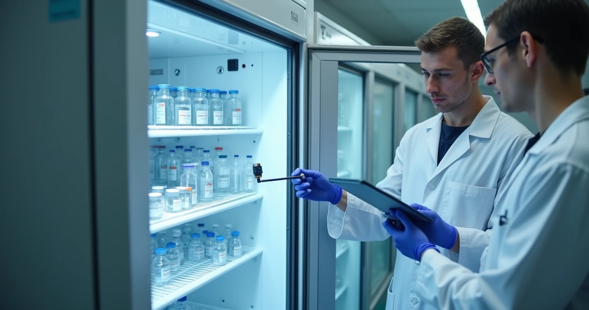 Technical team adjusting sensors in vaccine chamber