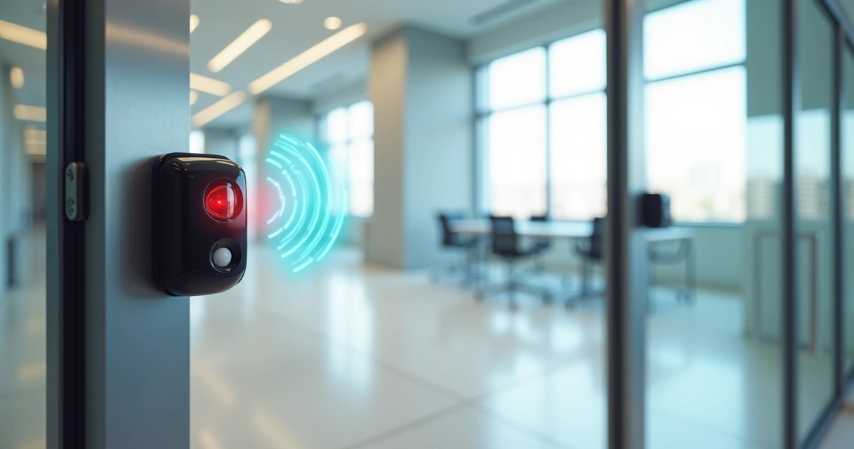 Comparação visual de sensor infravermelho e magnético instalados em porta automática 
