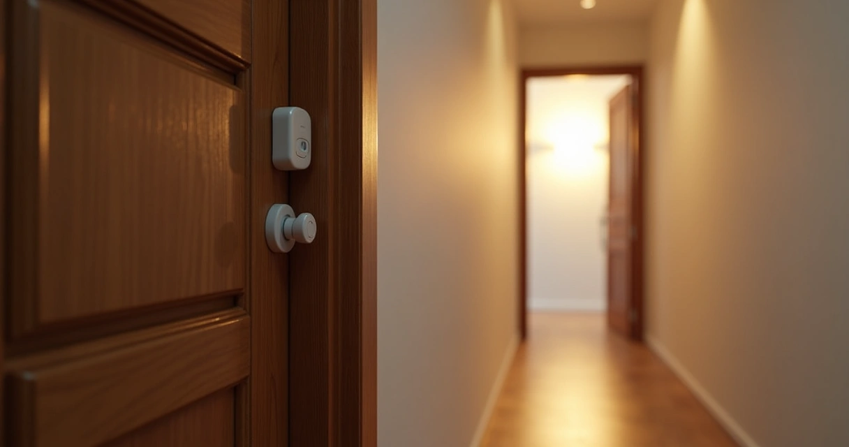 Sensor de porta instalado ao lado da porta com luz acesa ao ser aberta