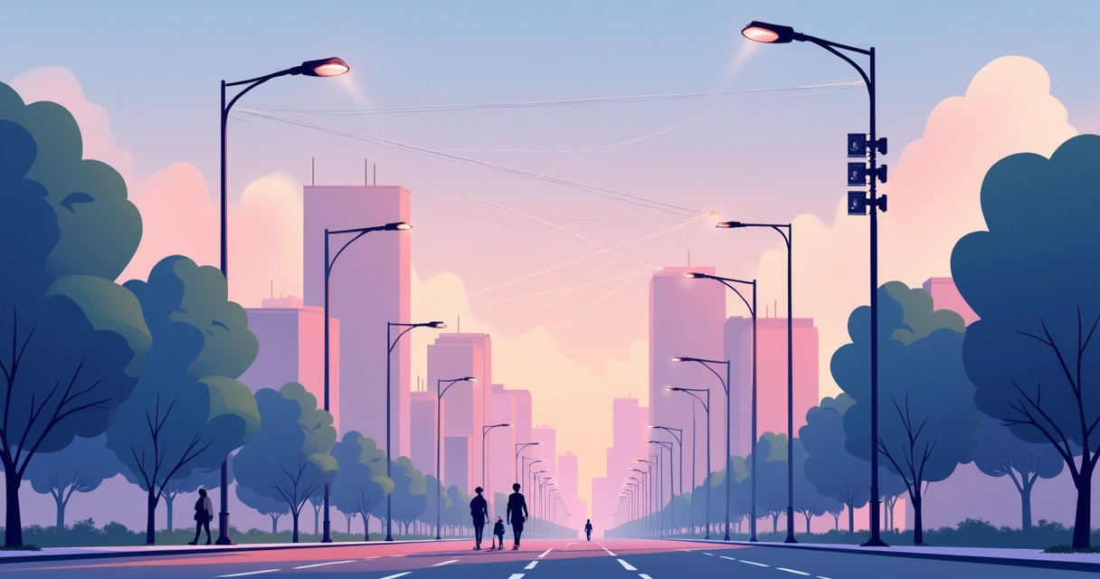 Poste de luz com sensor e cidade ao fundo 
