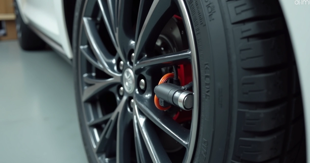 Detalhe do sensor de pressão instalado na roda de um pneu