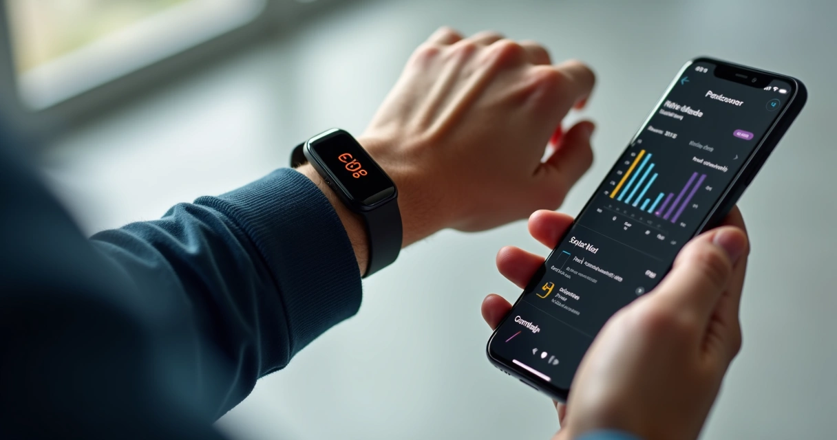 Pessoa usando sensor no pulso acompanhando dados biométricos em tela de app