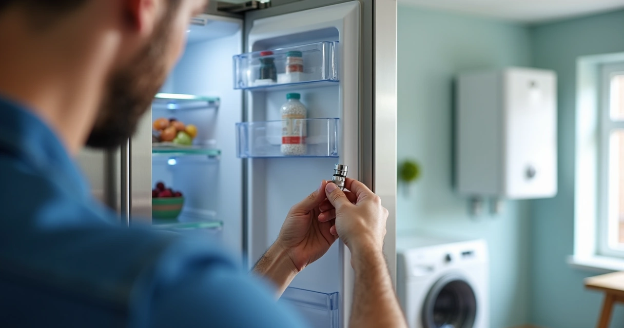 Técnico ajustando sensor de temperatura em refrigerador moderno aberto 