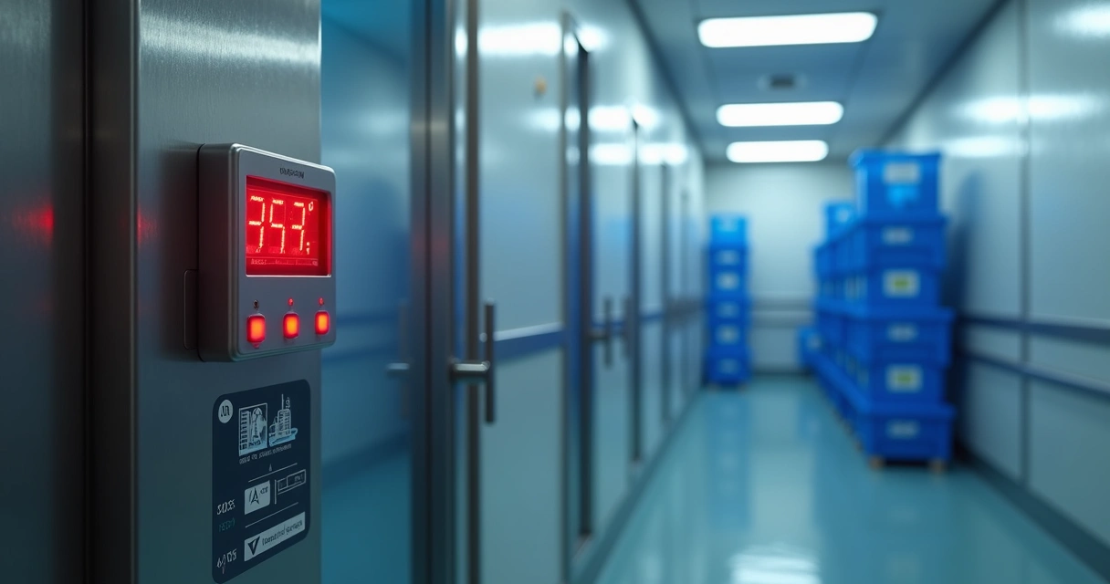 Sensor digital de temperatura em câmara fria com caixas de alimentos 