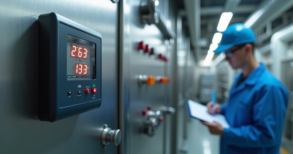 Digital temperature and humidity sensor mounted in industrial environment with panels and piping.