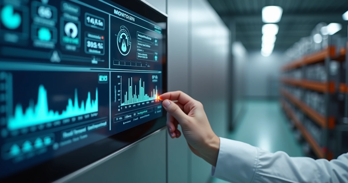Humidity sensor installed in an industrial environment, showing digital panel with environmental graphs