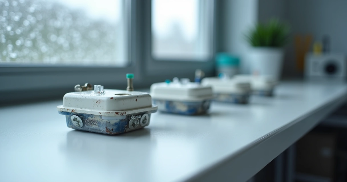Sensor de umidade IoT em diferentes ambientes exibindo desgaste na carcaça 
