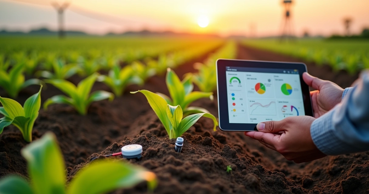 Sensor de umidade do solo próximo a planta em área agrícola com tablet mostrando gráficos de irrigação 