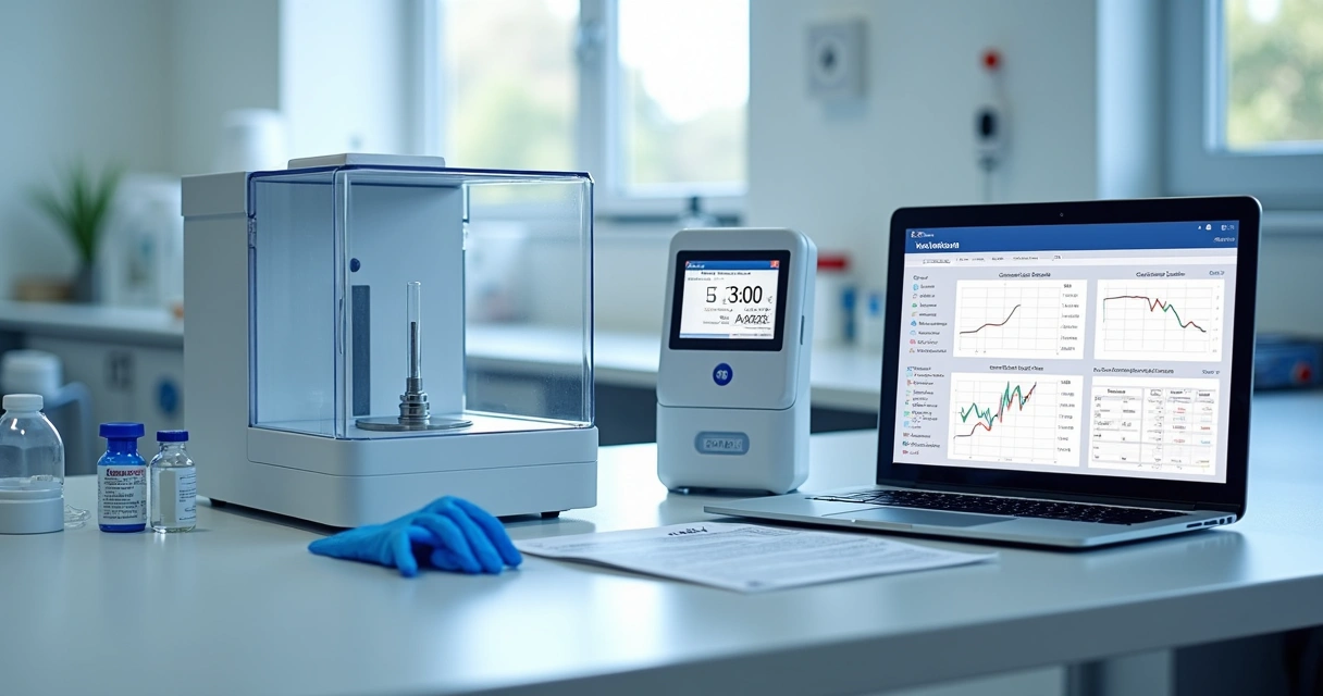 Equipamento de validação de sensor sem fio em bancada de laboratório farmacêutico 