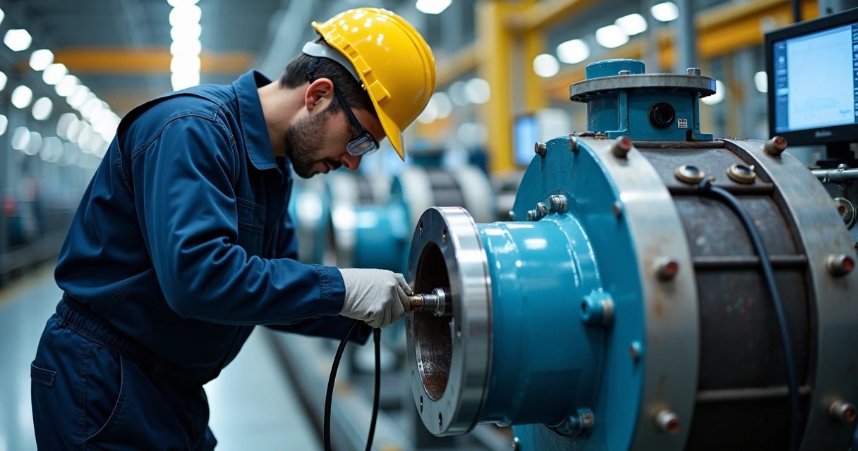 Engenheiro ajustando sensor de vibração em máquina industrial em operação 