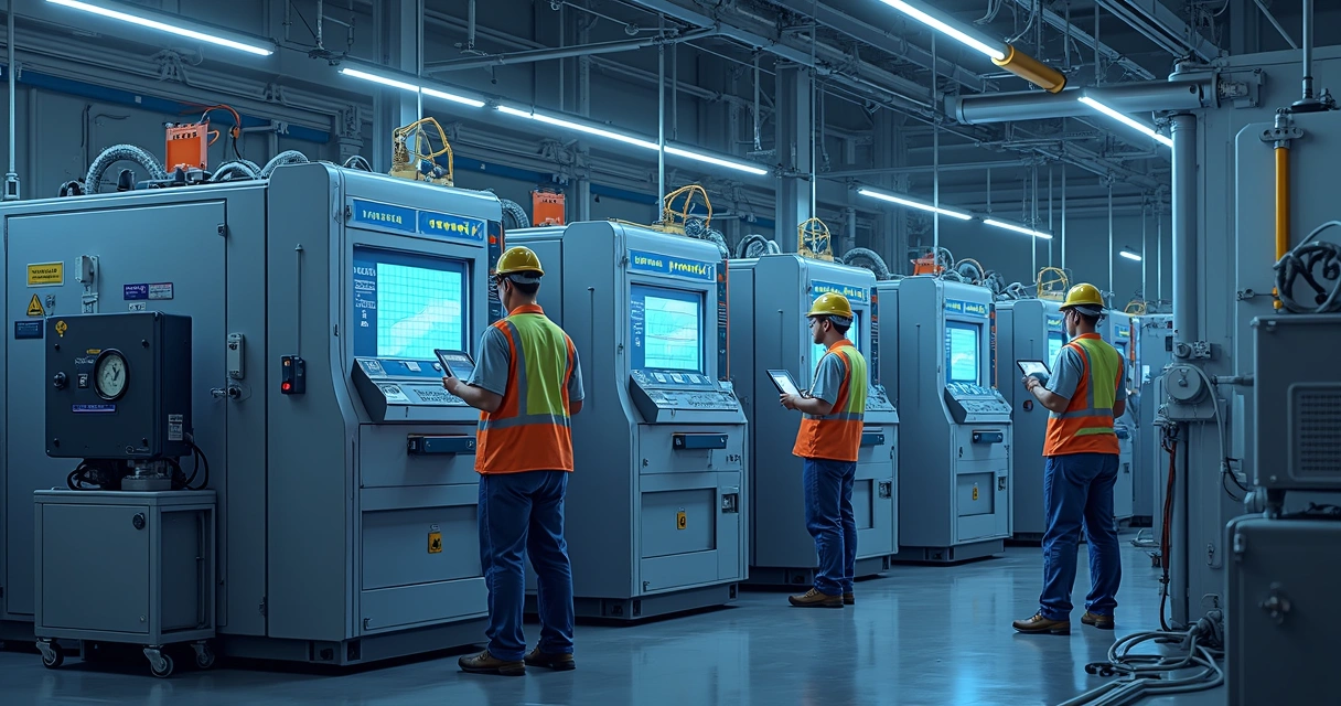 Sensores instalados em máquinas industriais monitorando dados em tempo real 