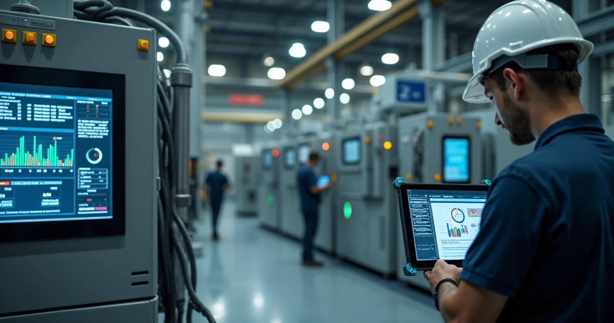 Ambiente industrial com sensores conectados em várias máquinas
