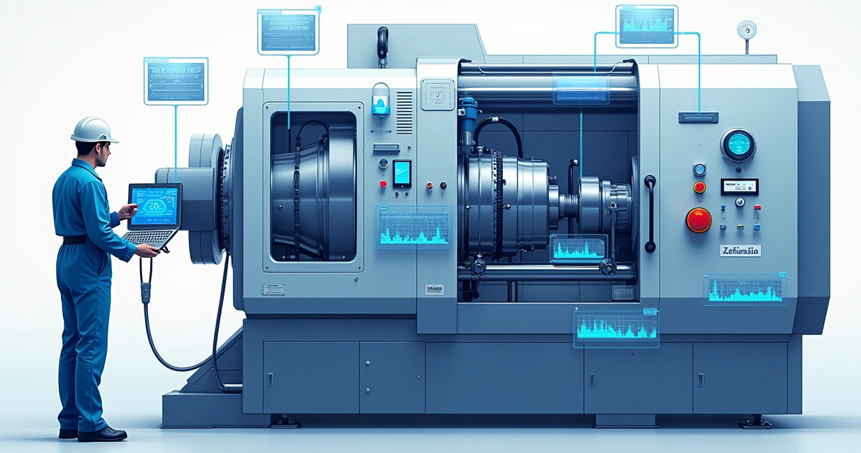 Sensores instalados em máquina industrial monitorando temperatura e vibração 
