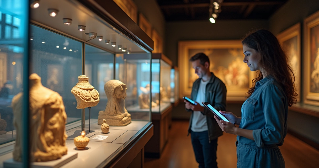 Museum space with IoT sensors monitoring temperature, humidity, and light in display cases of ancient artifacts
