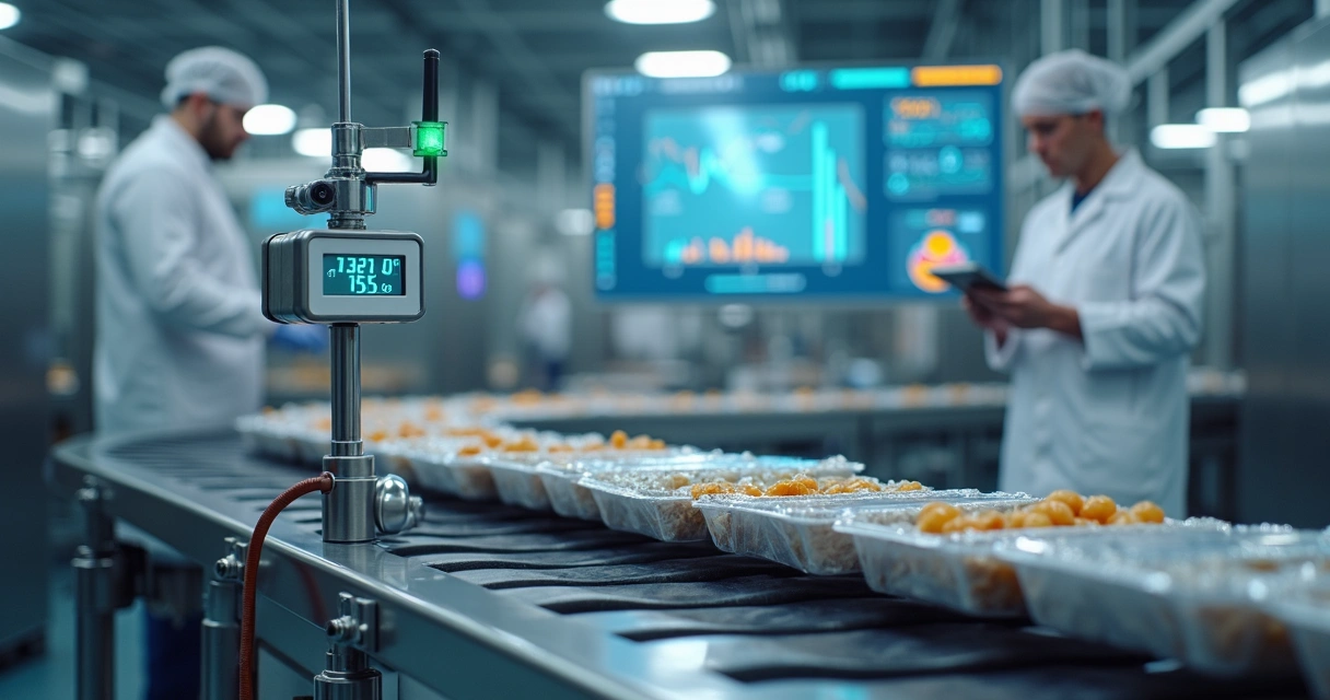 Sensores IoT monitorando temperatura em linha de produção de alimentos 