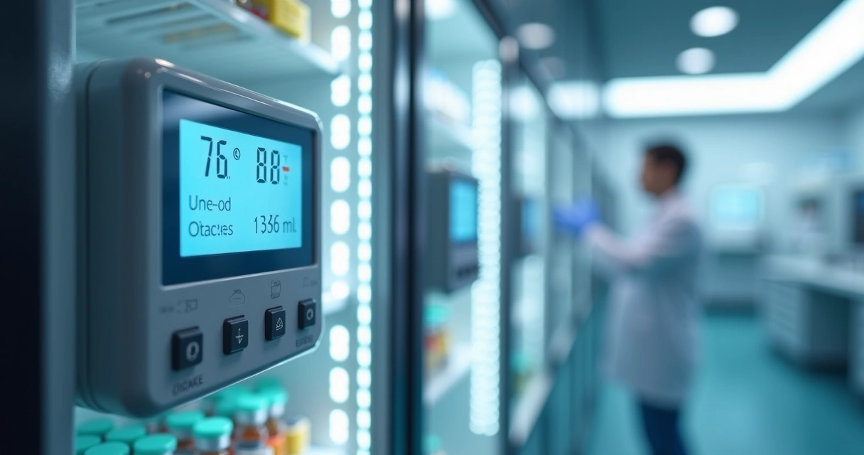 Sensor de temperatura digital instalado dentro de uma geladeira para vacinas, com tela iluminada mostrando dados em tempo real 