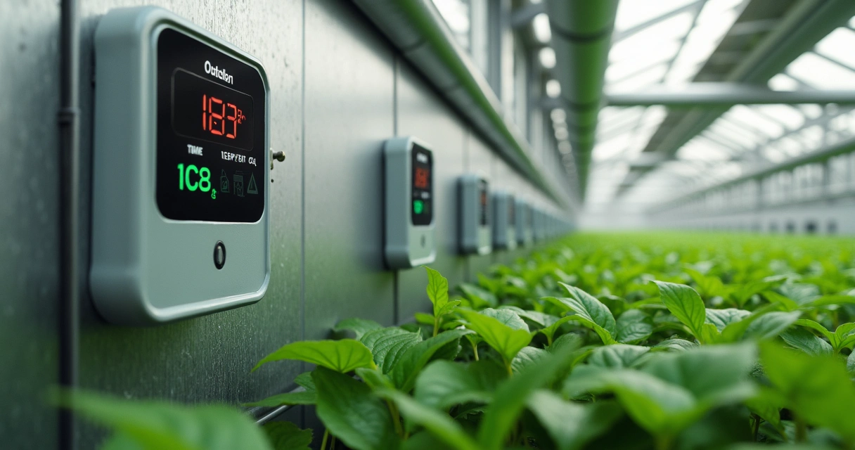 Sensores múltiplos em estufa industrial monitorando CO₂, temperatura e umidade