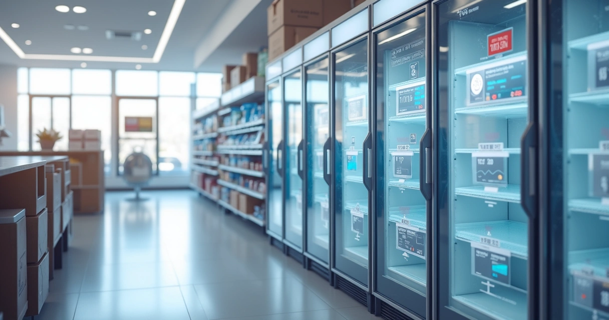 Sensores de temperatura instalados em diferentes pontos de um refrigerador do varejo 