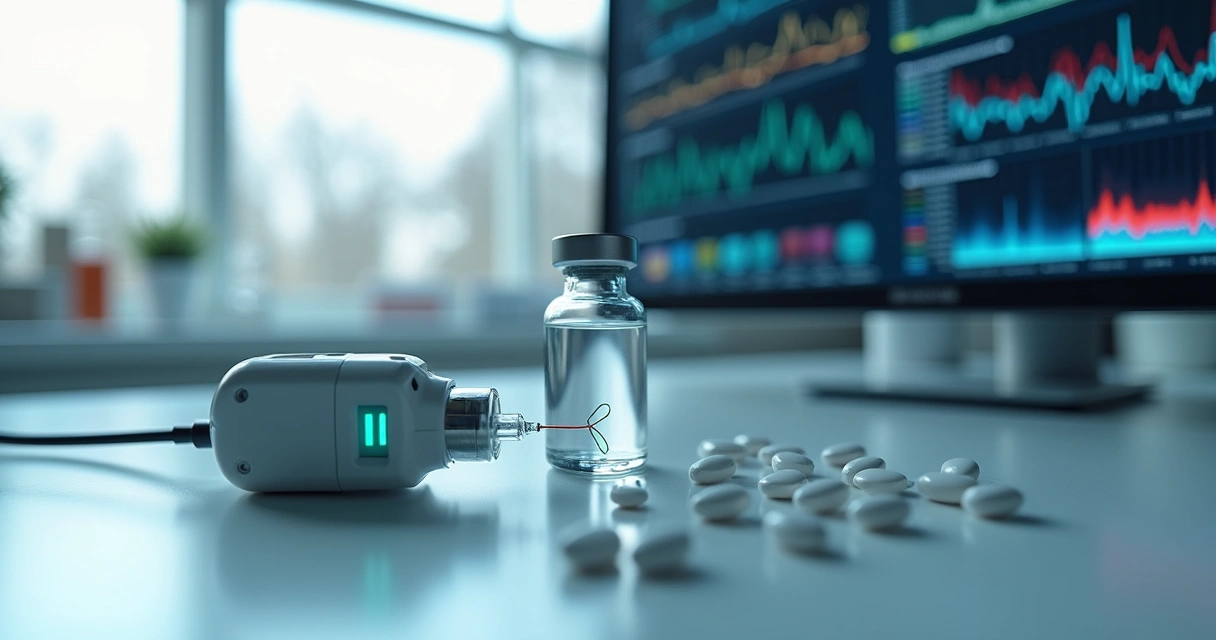 Frascos de medicamento em bancada de laboratório com sensor analisando desvio químico 