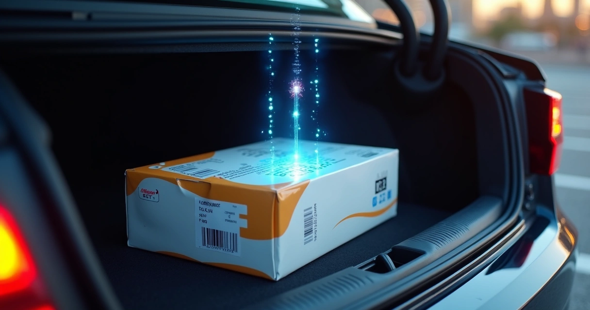 Sensor de transporte conectado a embalagem de medicamento no porta-malas de veículo 