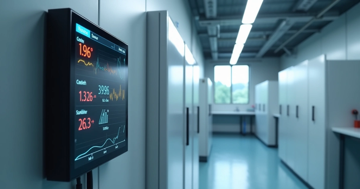 Painel de sensores de monitoramento em laboratório, com gráficos de temperatura e umidade. 