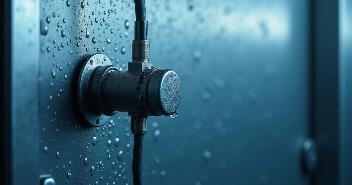 Sensor de umidade instalado em parede de câmara fria com pequenas gotas de água 