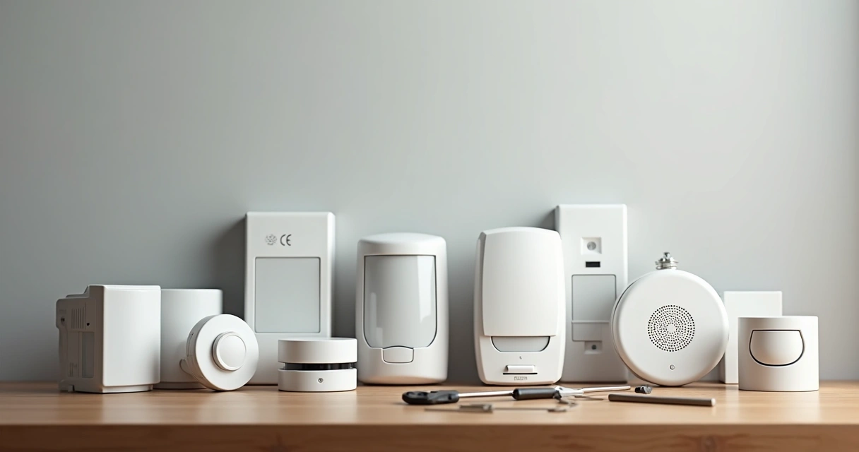 Vários tipos de sensores de segurança eletrônica alinhados em bancada 