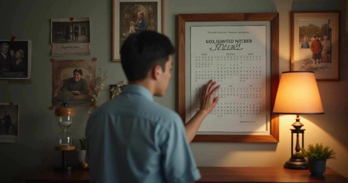 Pessoa olhando para um calendário enquanto toca um relógio de areia