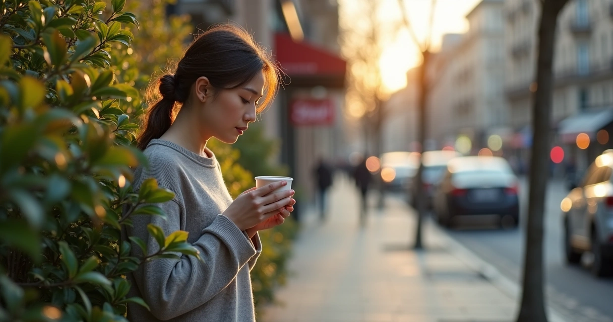 Person touching leaves and holding coffee while pausing on a city street 