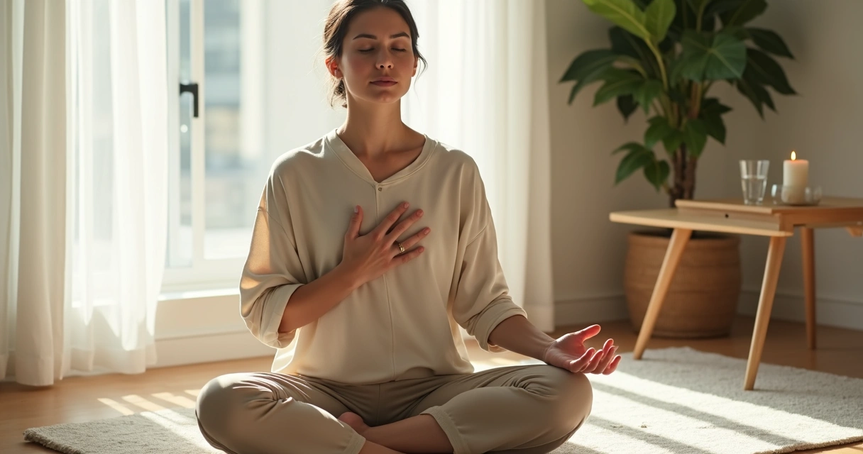 Person practicing mindful breathing with eyes closed in soft natural light 