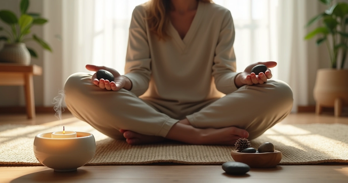 Person practicing sensory mindfulness with grounding stones in a minimalist room 
