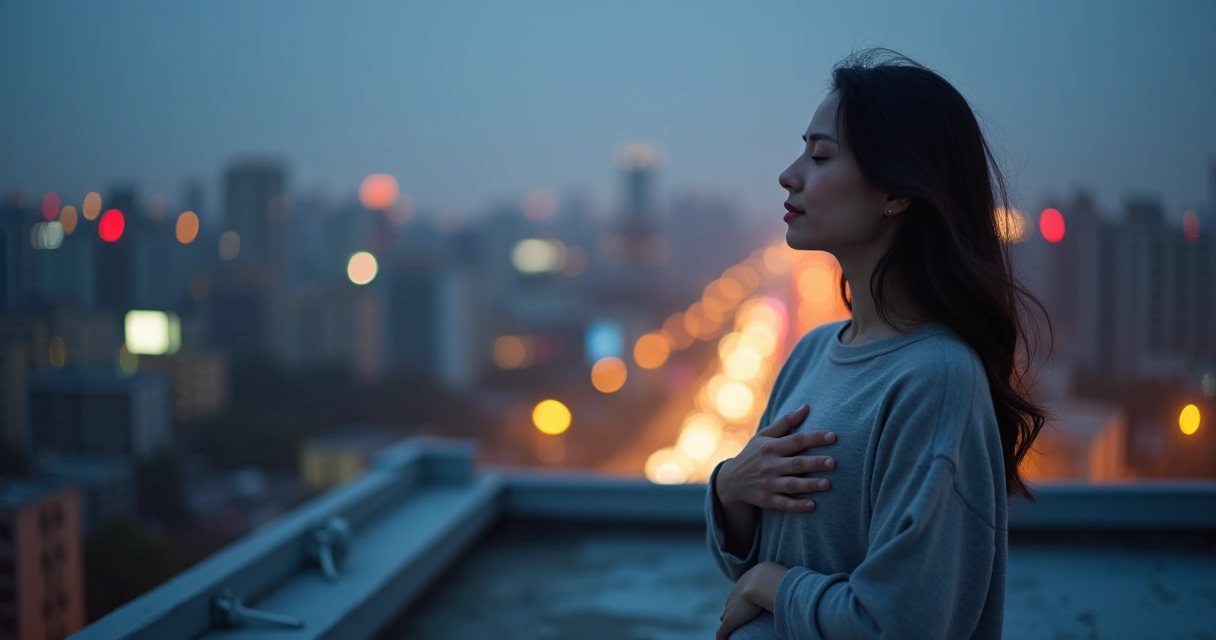 Person practicing conscious breathing at dusk on a rooftop with blurred city lights 