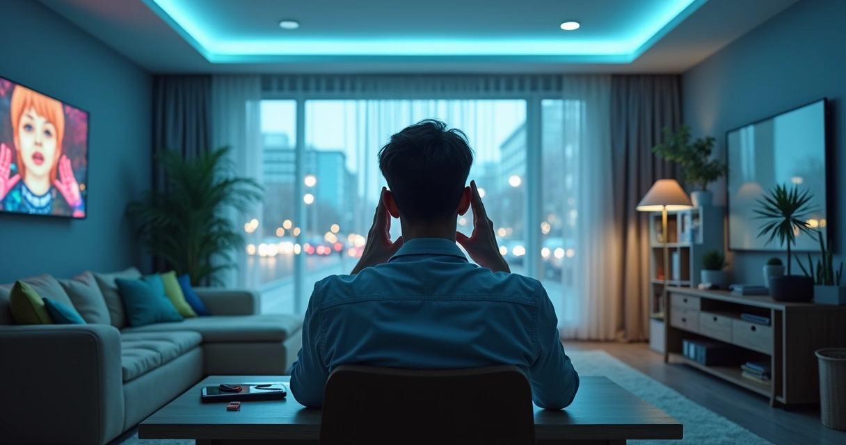 Person sitting in a bright noisy room with layered sensory cues