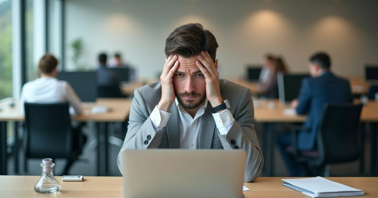Profissional sentado à mesa de trabalho com expressão de dúvida, ambiente de escritório organizado, luz suave