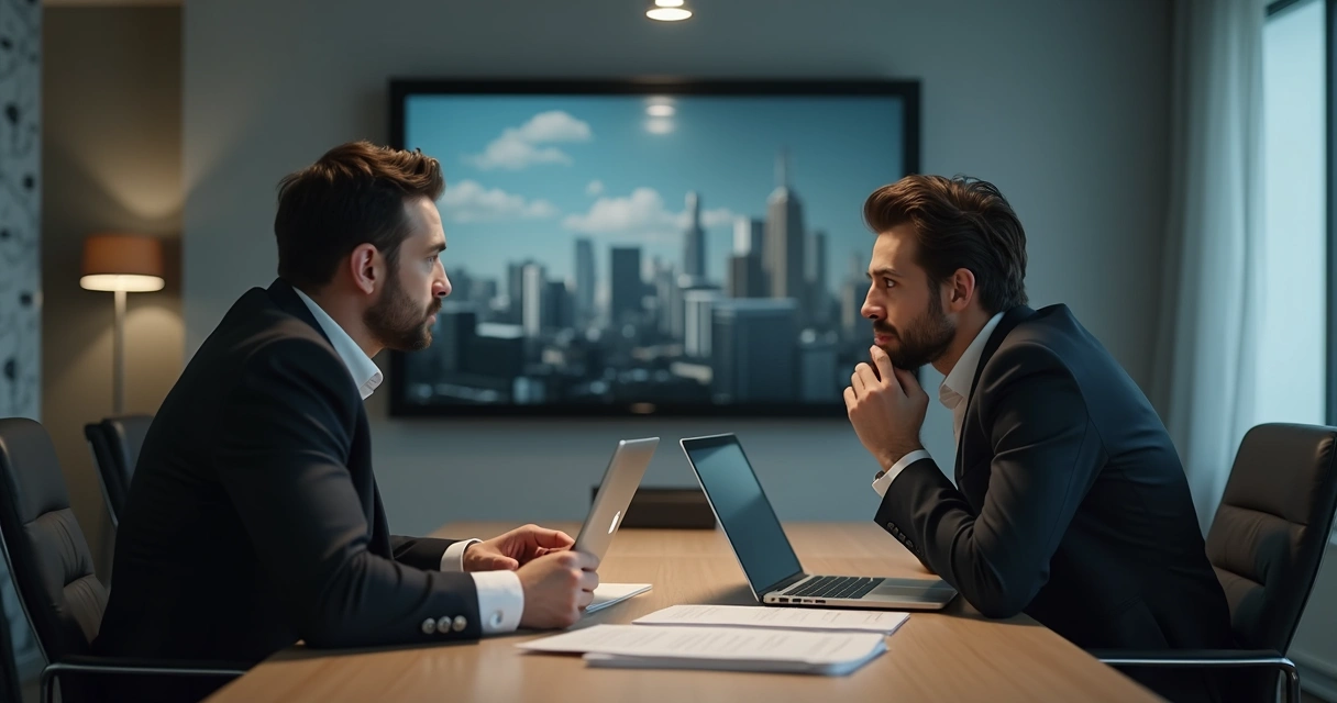 Duas pessoas sentadas diante de uma mesa com papéis e laptops durante uma negociação empresarial.