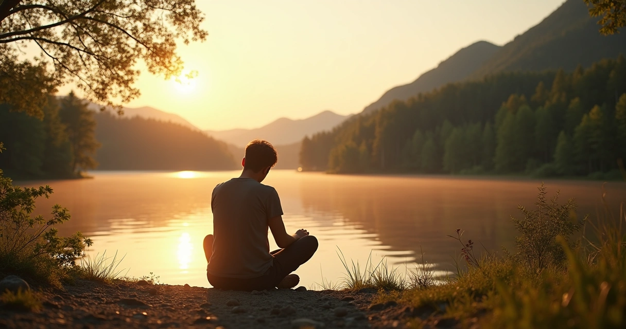 Pessoa sentada à beira de um lago, refletindo sozinha, com expressão tranquila. 