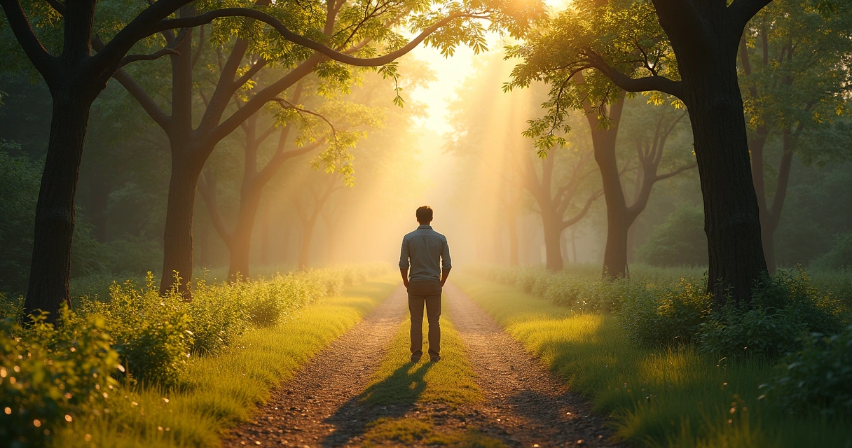 Pessoa em reflexão e caminhos divergentes à frente 