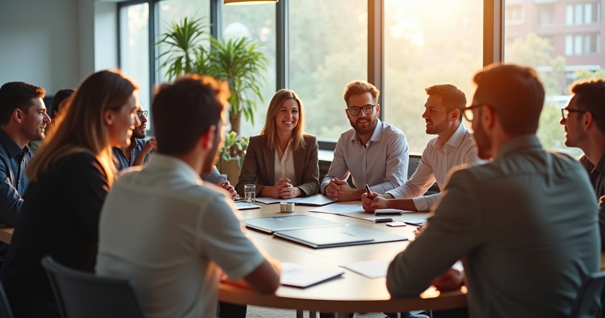 Funcionários de uma grande empresa reunidos em círculo em uma sala iluminada, trocando ideias em clima de colaboração 