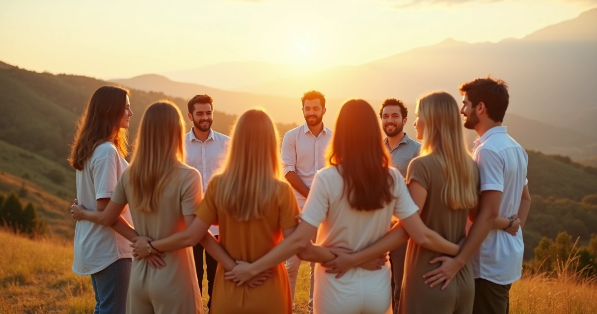 Personas diversas en círculo unidas por las manos en un entorno natural luminoso 