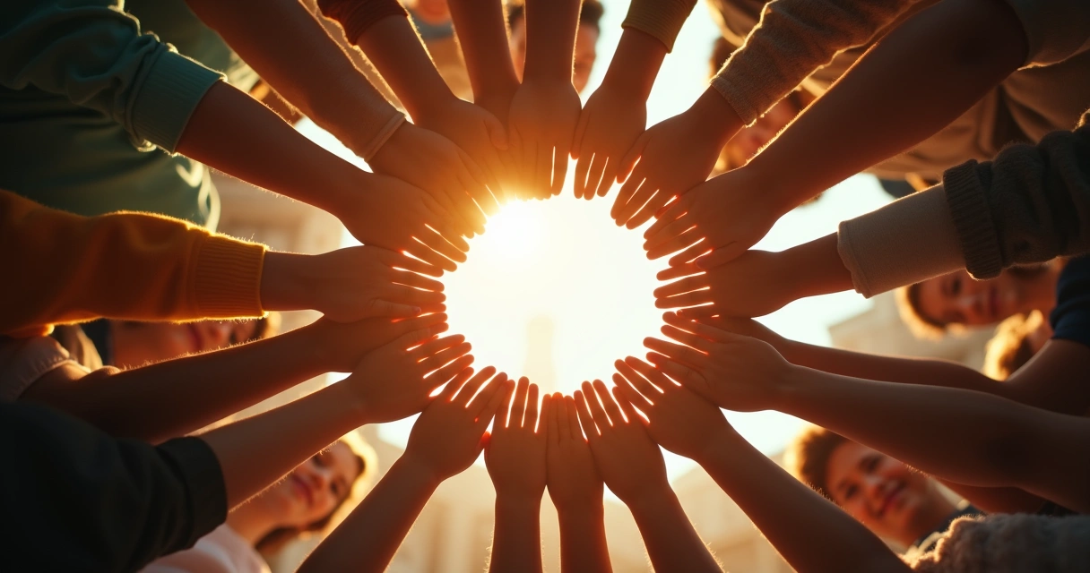 Múltiplas pessoas com mãos unidas formando círculo, em ambiente claro e acolhedor 