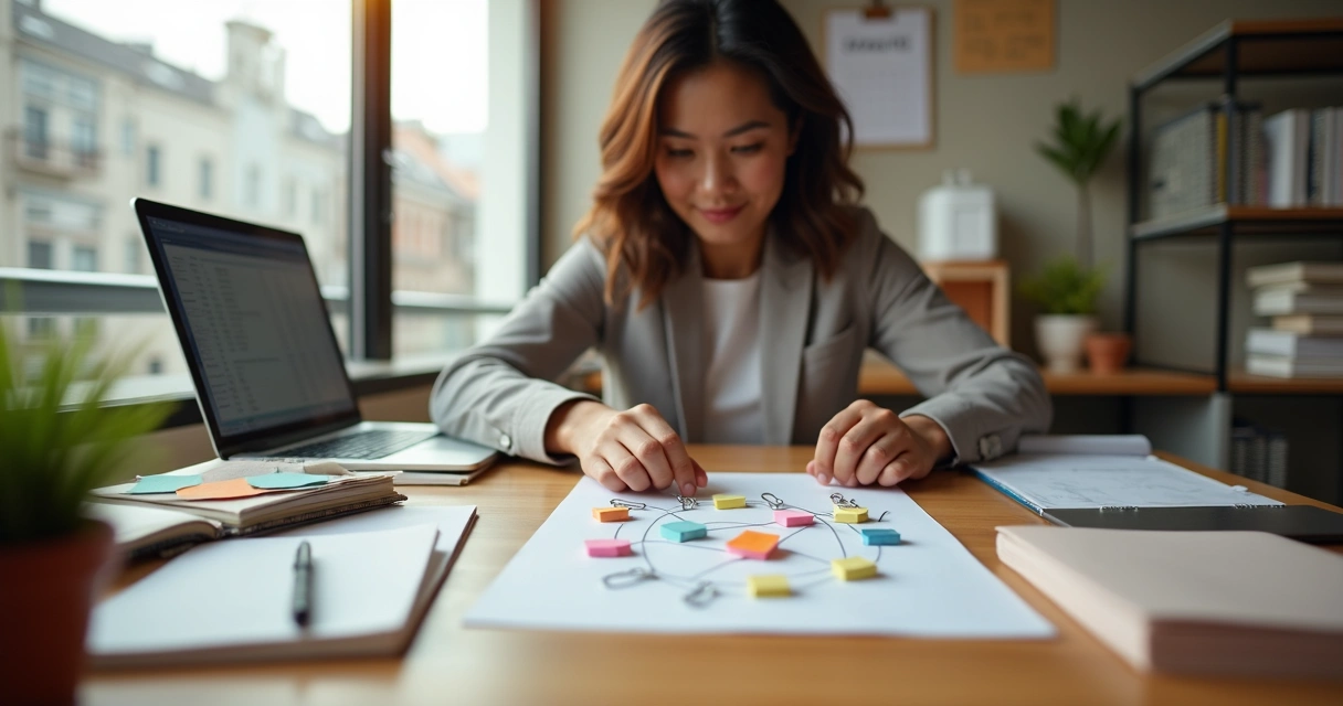 Funcionária ajustando objetos coloridos na mesa de trabalho formando um símbolo de conexão 