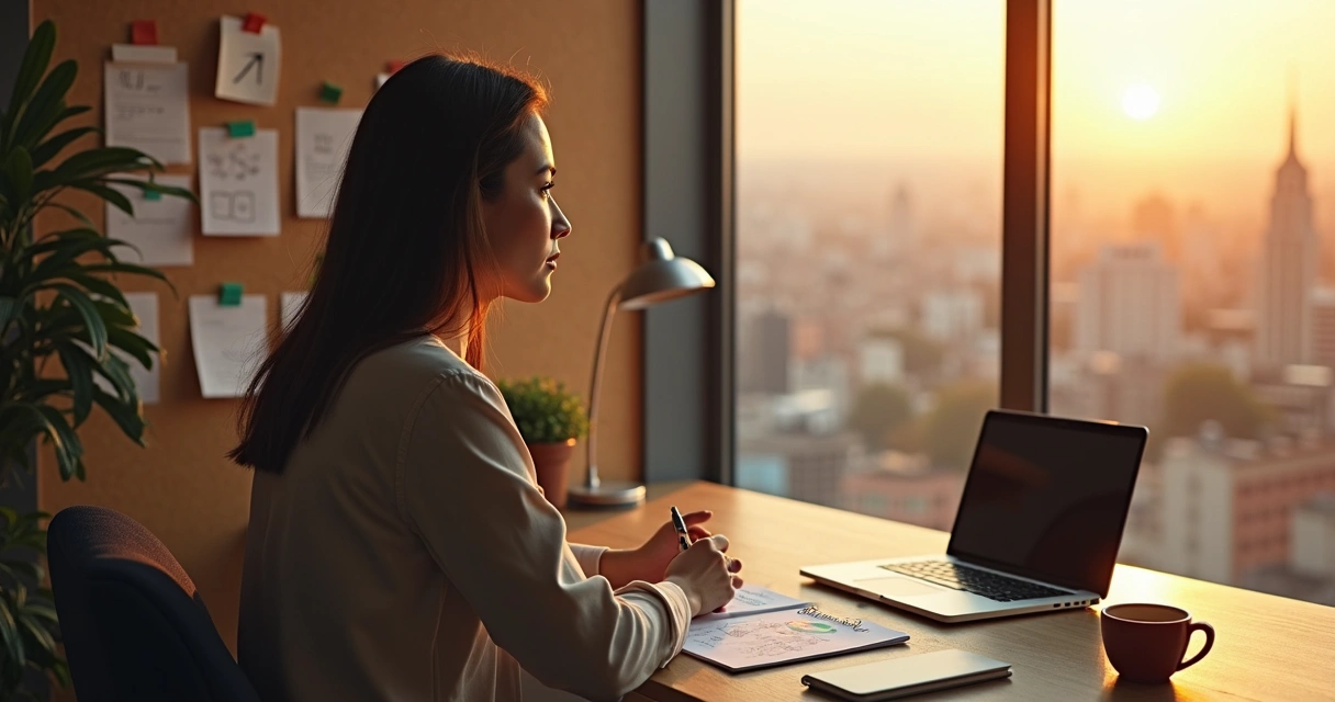 Profissional em mesa de trabalho olhando pela janela em momento de reflexão 