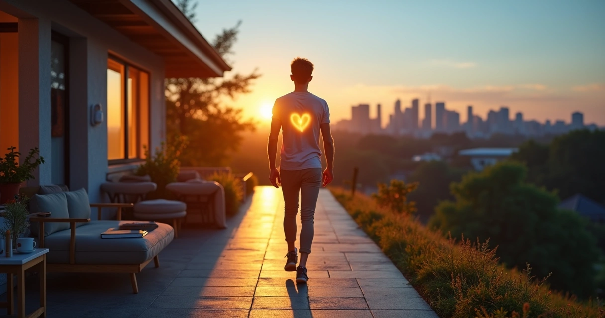 Persona caminando al amanecer desde una casa hacia la ciudad con una línea de luz que conecta ambos mundos 