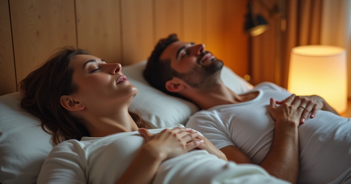 Homem e mulher deitados de olhos fechados, respirando profundamente em um ambiente calmo 