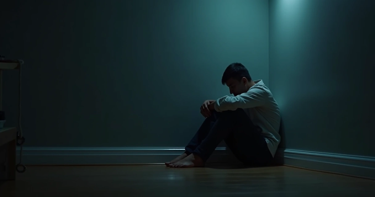 Pessoa sozinha sentada em um canto de ambiente escuro, com expressão de culpa e tristeza 