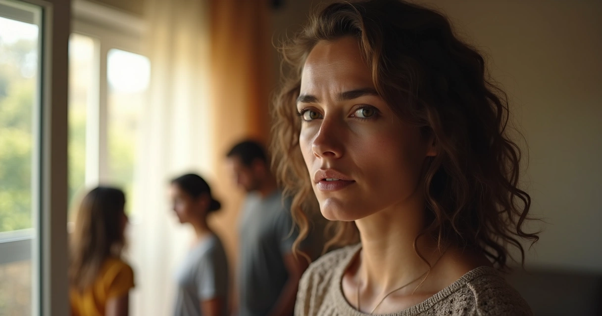 Mulher brasileira olhando pela janela, expressão de leve culpa, mas tranquila