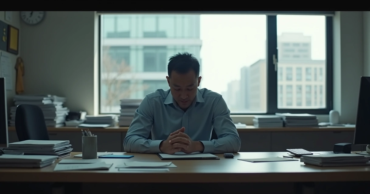 Funcionário em escritório olhando para baixo sentindo-se desvalorizado 