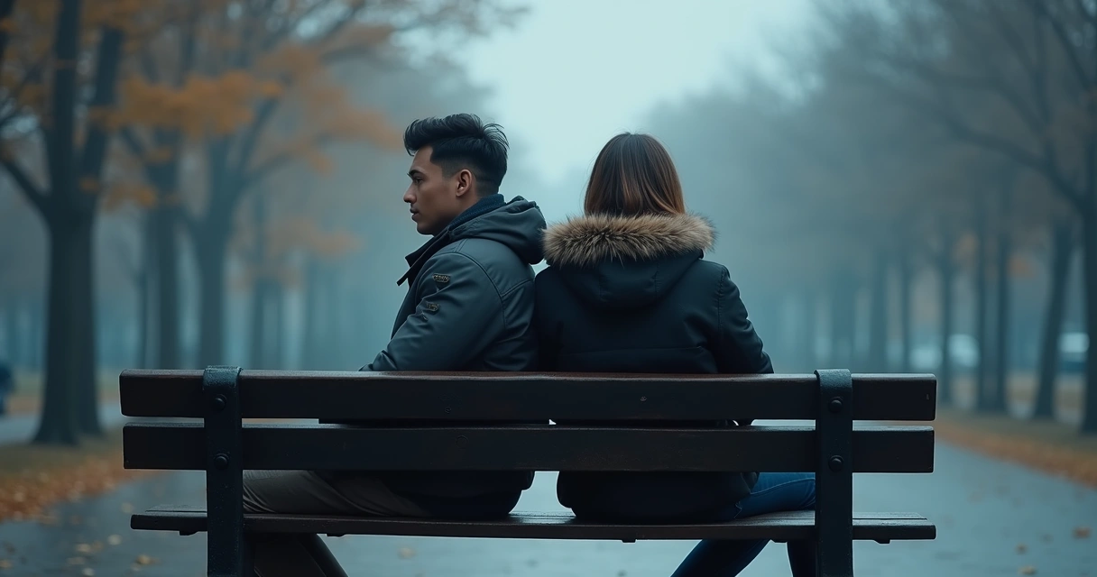 Duas pessoas sentadas em um banco, uma de costas para a outra, olhando para lados opostos, dando impressão de distância emocional. 